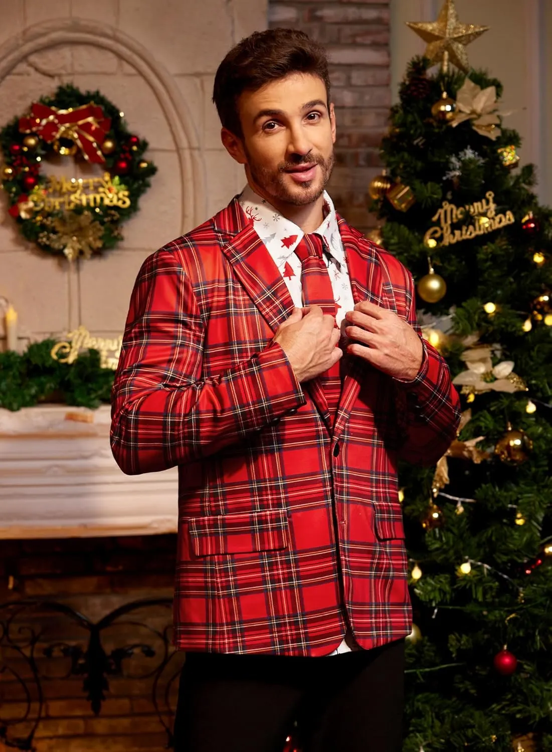 Arvilhill Men's Christmas Blazer with Tie - Ugly X-Mas Festive Jacket - Christmas Theme Party Suit for Men (S-XXL)