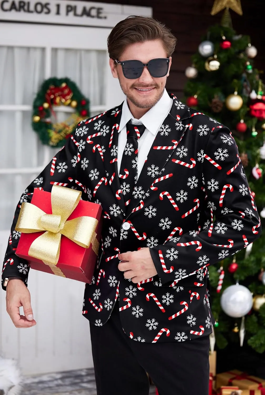 Arvilhill Men's Christmas Blazer with Tie - Ugly X-Mas Festive Jacket - Christmas Theme Party Suit for Men (S-XXL)