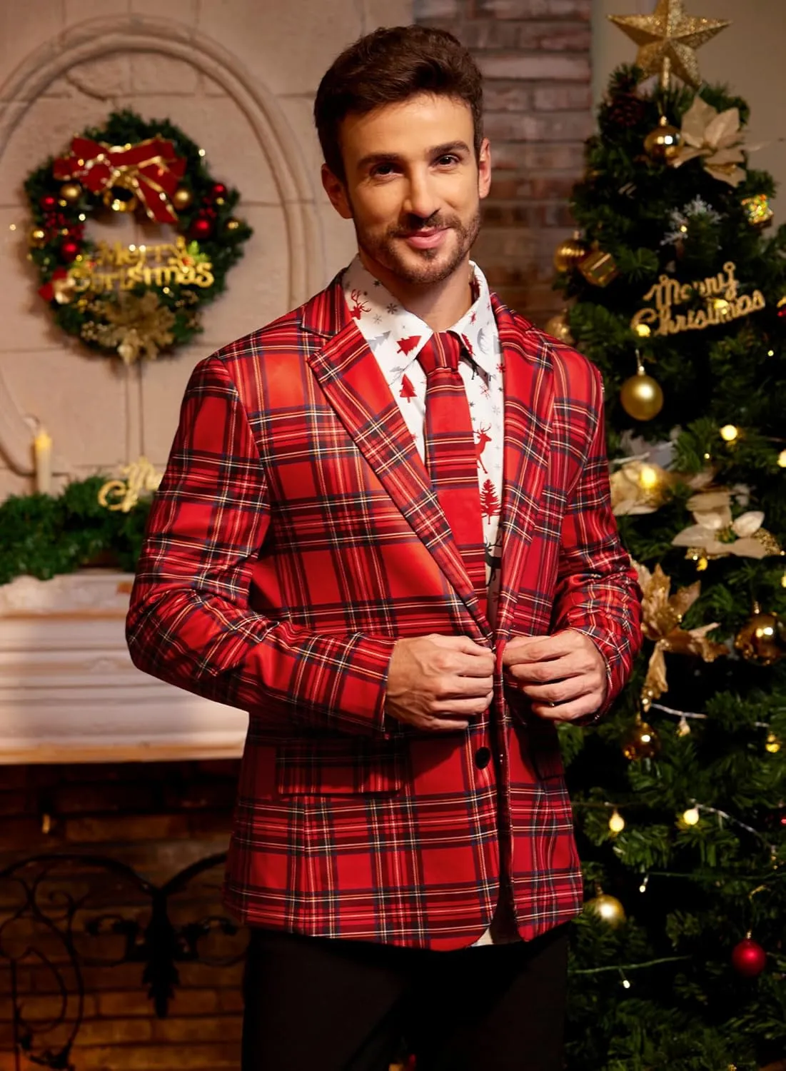 Arvilhill Men's Christmas Blazer with Tie - Ugly X-Mas Festive Jacket - Christmas Theme Party Suit for Men (S-XXL)