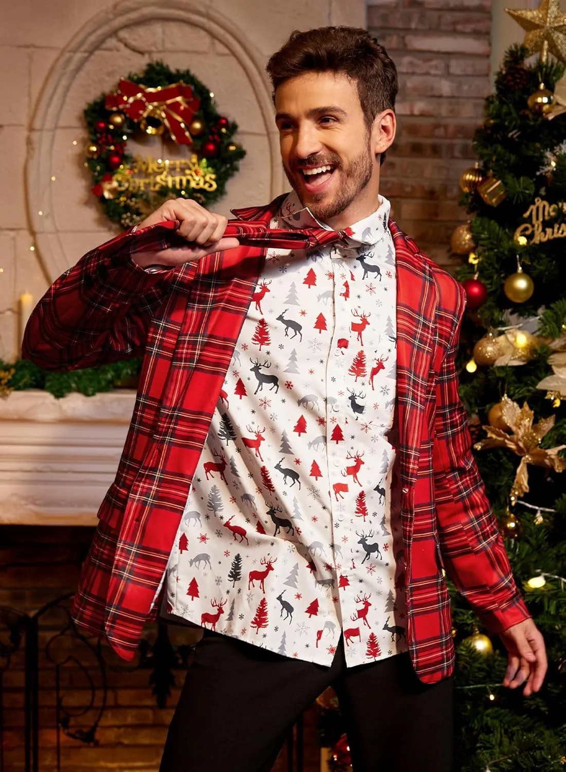 Arvilhill Men's Christmas Blazer with Tie - Ugly X-Mas Festive Jacket - Christmas Theme Party Suit for Men (S-XXL)