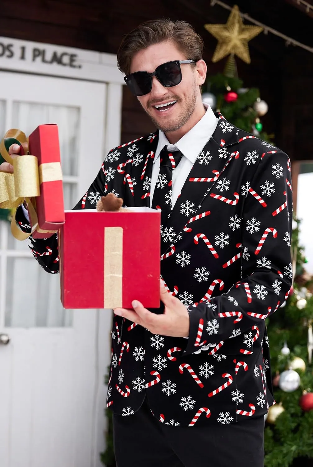 Arvilhill Men's Christmas Blazer with Tie - Ugly X-Mas Festive Jacket - Christmas Theme Party Suit for Men (S-XXL)