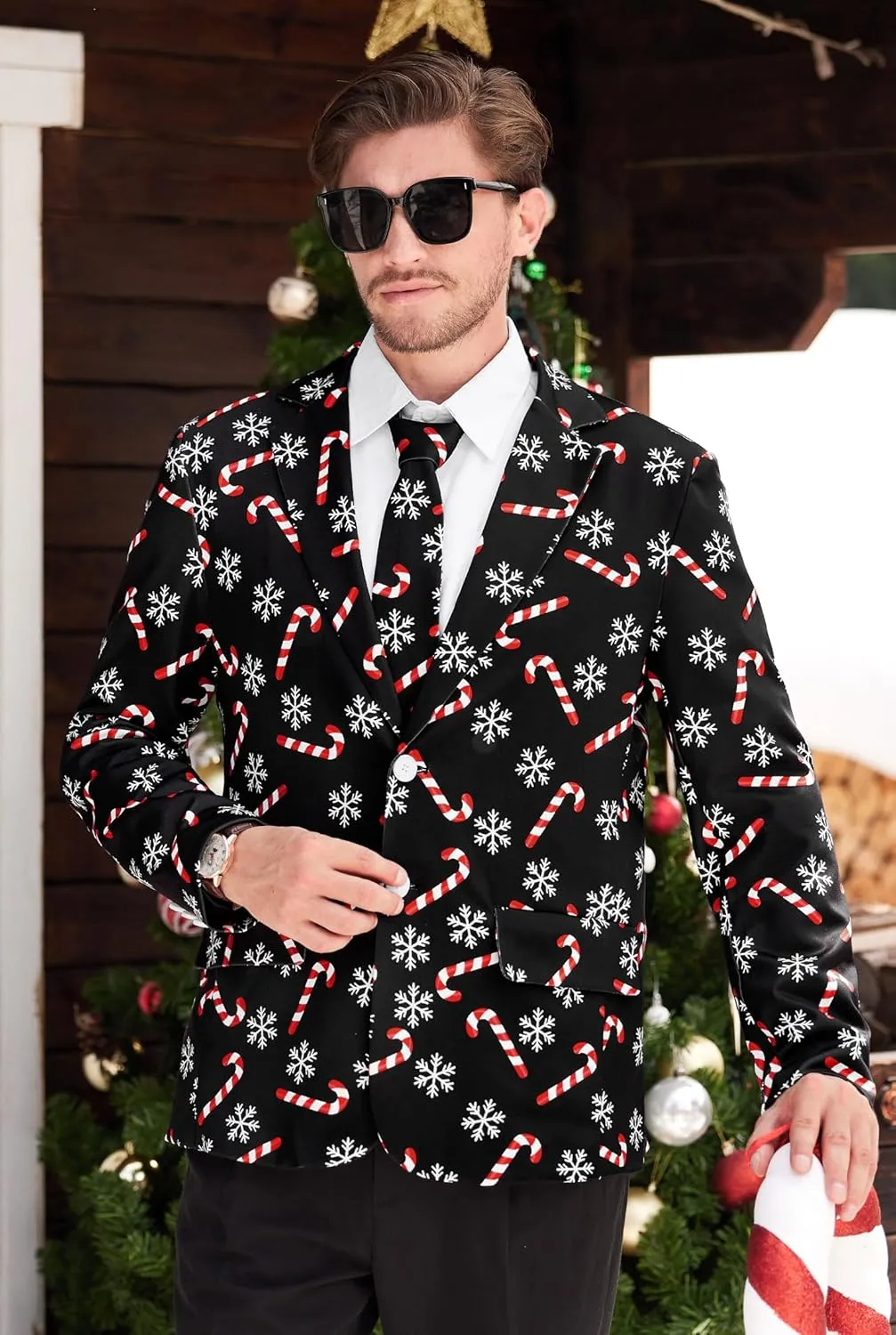 Arvilhill Men's Christmas Blazer with Tie - Ugly X-Mas Festive Jacket - Christmas Theme Party Suit for Men (S-XXL)