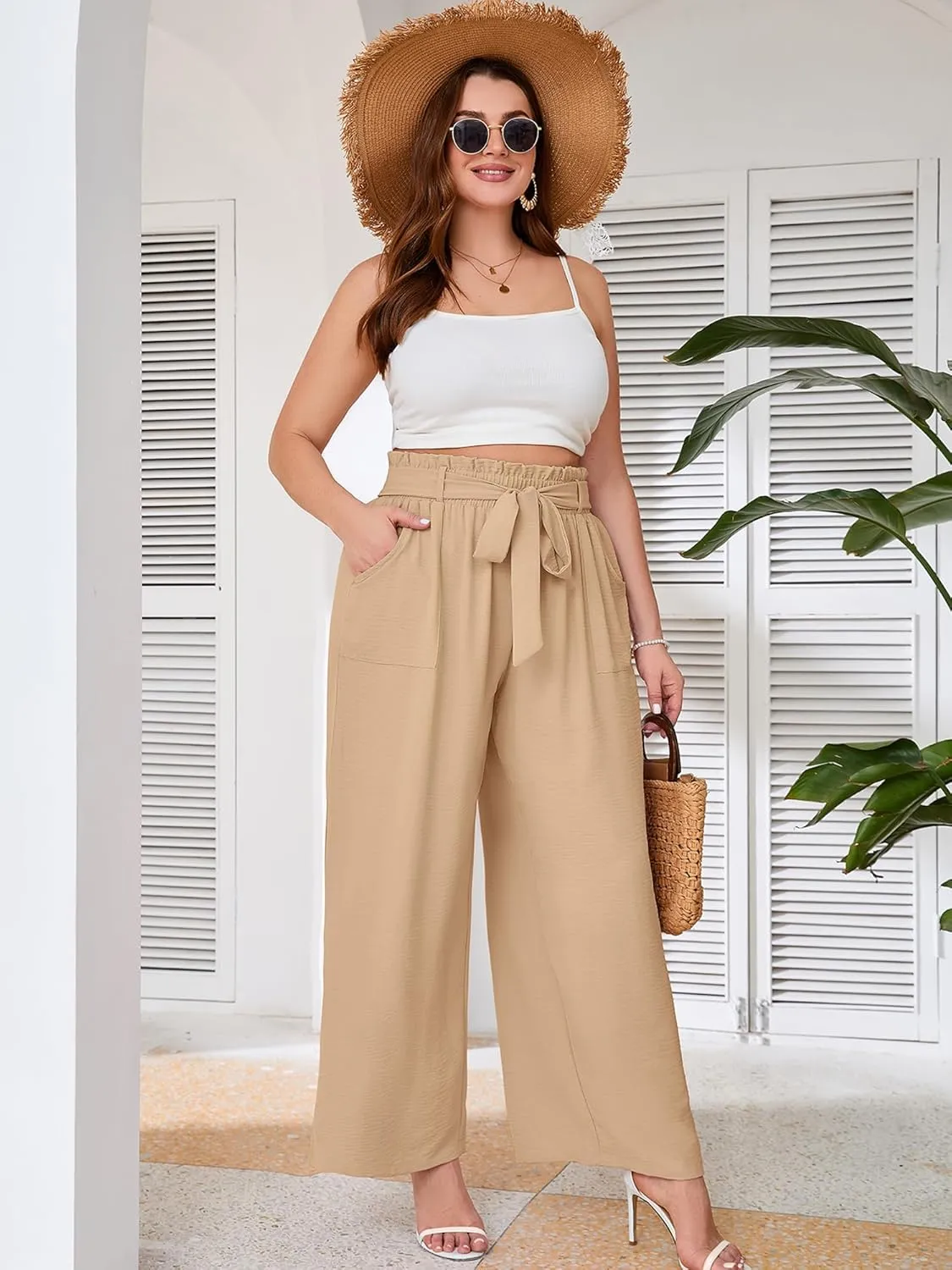 AusLook Women's Plus Size Wide Leg Lounge Pants with Pockets High Waisted Palazzo Adjustable Tie Knot Flowy Trousers