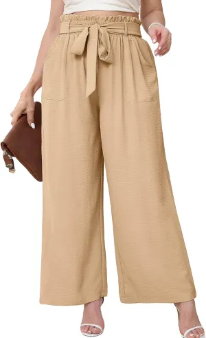 AusLook Women's Plus Size Wide Leg Lounge Pants with Pockets High Waisted Palazzo Adjustable Tie Knot Flowy Trousers