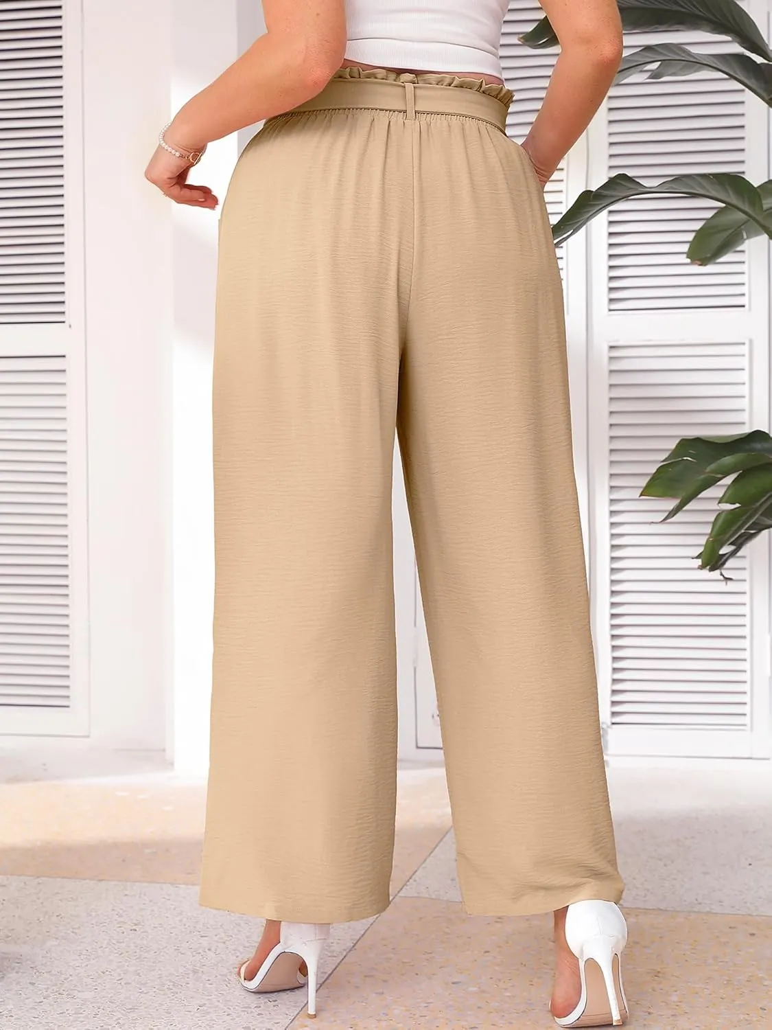 AusLook Women's Plus Size Wide Leg Lounge Pants with Pockets High Waisted Palazzo Adjustable Tie Knot Flowy Trousers