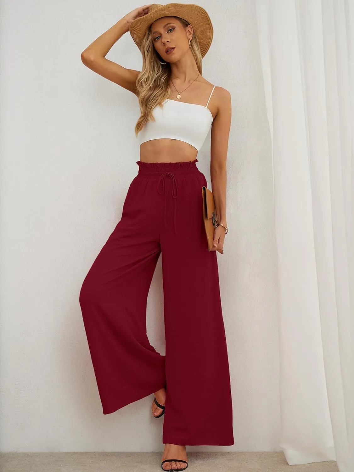 AusLook Women's Wide Leg Dress Pants with Pockets Lightweight High Waisted Adjustable Tie Knot Loose Lounge Trousers