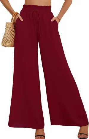 AusLook Women's Wide Leg Dress Pants with Pockets Lightweight High Waisted Adjustable Tie Knot Loose Lounge Trousers