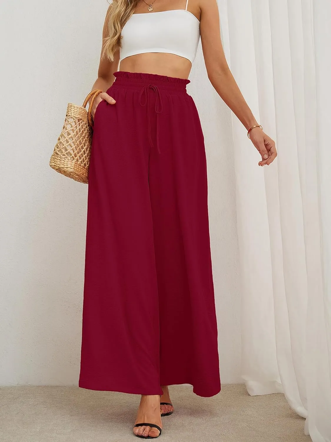 AusLook Women's Wide Leg Dress Pants with Pockets Lightweight High Waisted Adjustable Tie Knot Loose Lounge Trousers