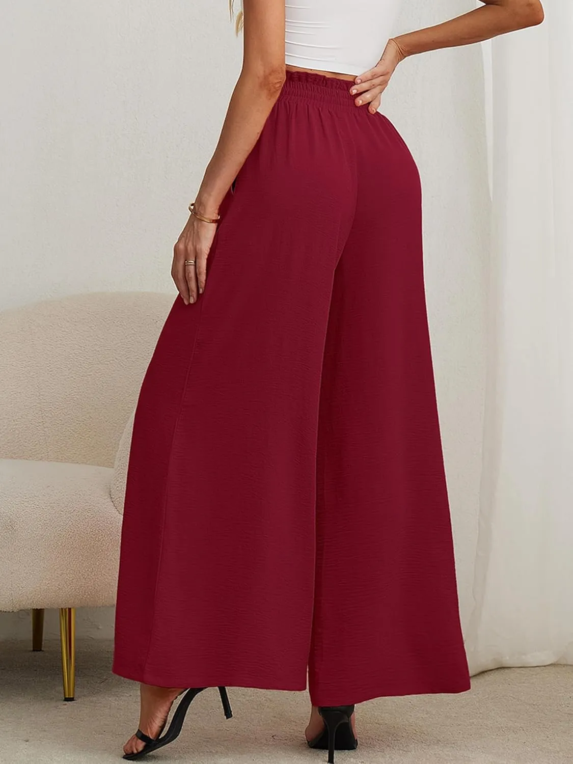 AusLook Women's Wide Leg Dress Pants with Pockets Lightweight High Waisted Adjustable Tie Knot Loose Lounge Trousers