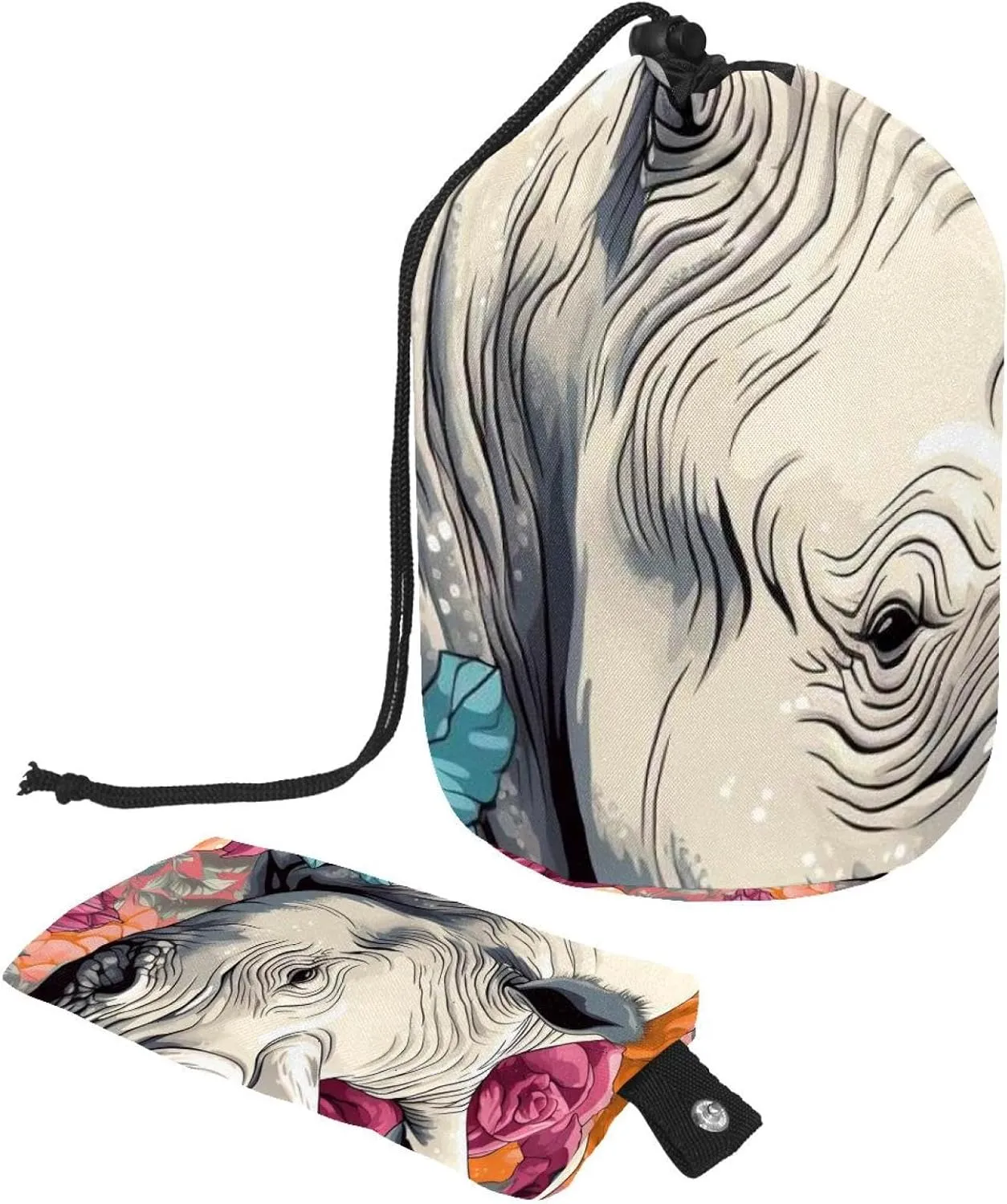 Beautiful Flowers with Rhino 17 Travel Cosmetic Bags Makeup Bag for Women, Foldable Drawstring Travel Cosmetic Bags, Portable Toiletry Bucket Bag
