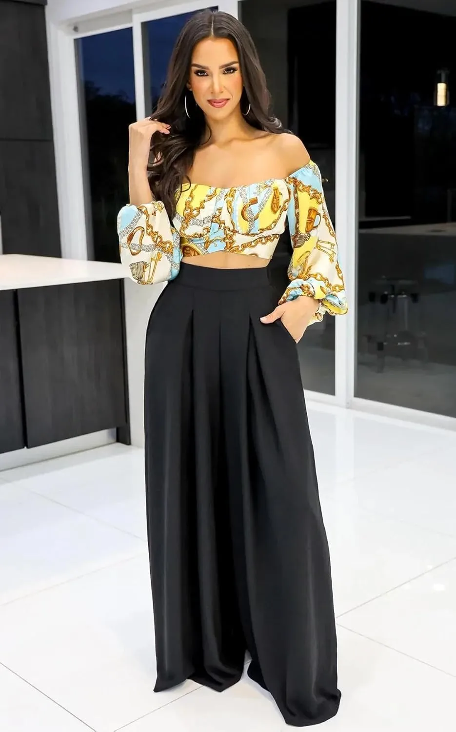 BFFBABY Womens Casual Palazzo Pants High Waist Printed Ruched Loose Flowy Lounge Wide Leg Pants (M-3XL)