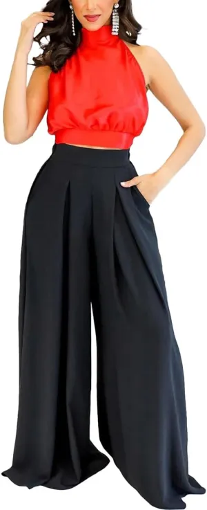 BFFBABY Womens Casual Palazzo Pants High Waist Printed Ruched Loose Flowy Lounge Wide Leg Pants (M-3XL)