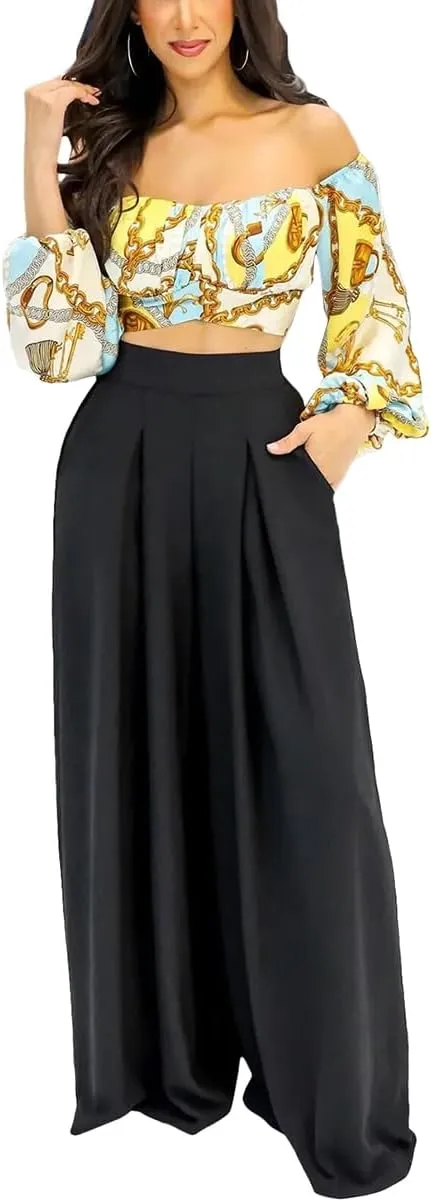 BFFBABY Womens Casual Palazzo Pants High Waist Printed Ruched Loose Flowy Lounge Wide Leg Pants (M-3XL)