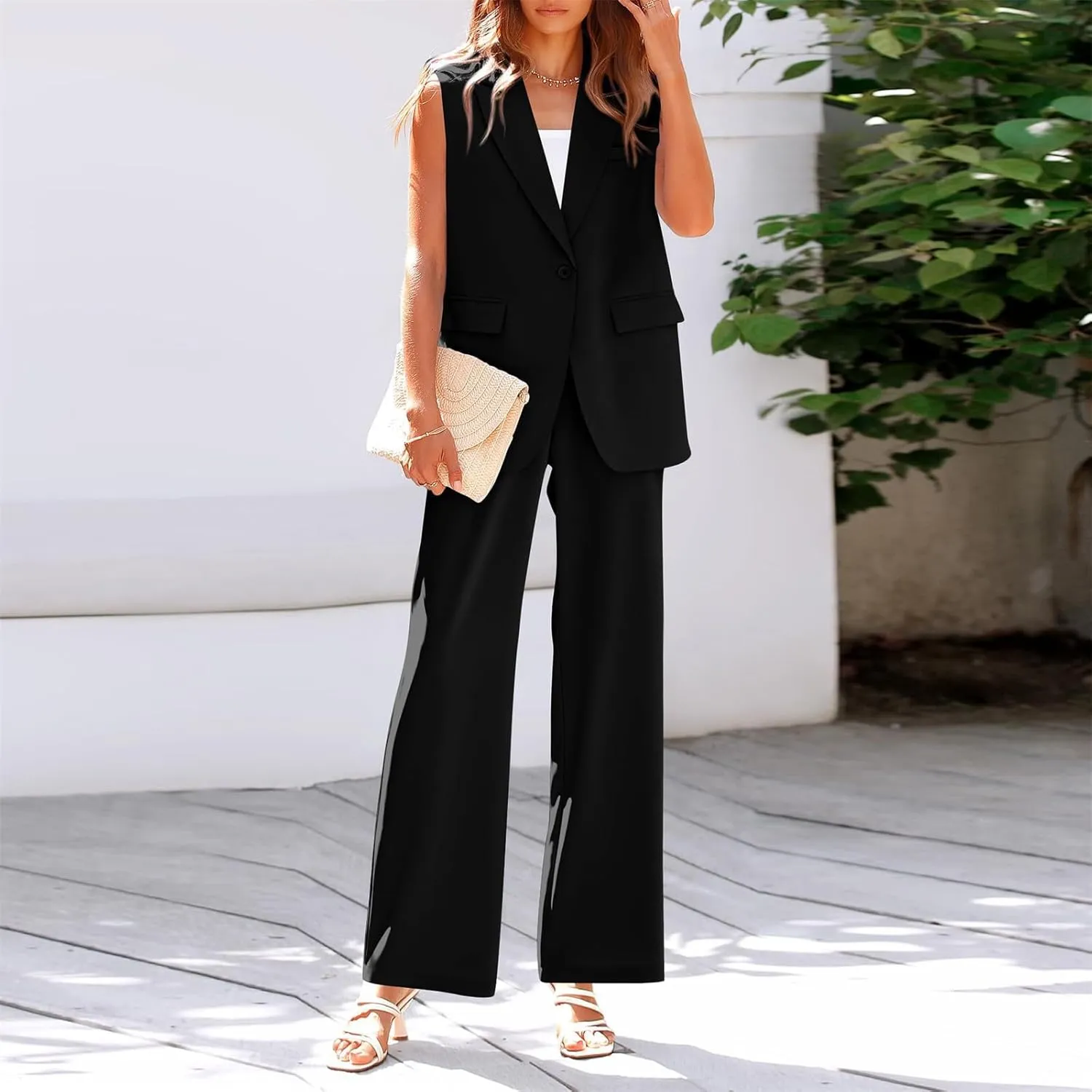 Blazer Sets Women 2 Piece Outfits Business Casual Vest Pants Suits for Women Dressy Sleeveless Blazer Pants Pantsuit