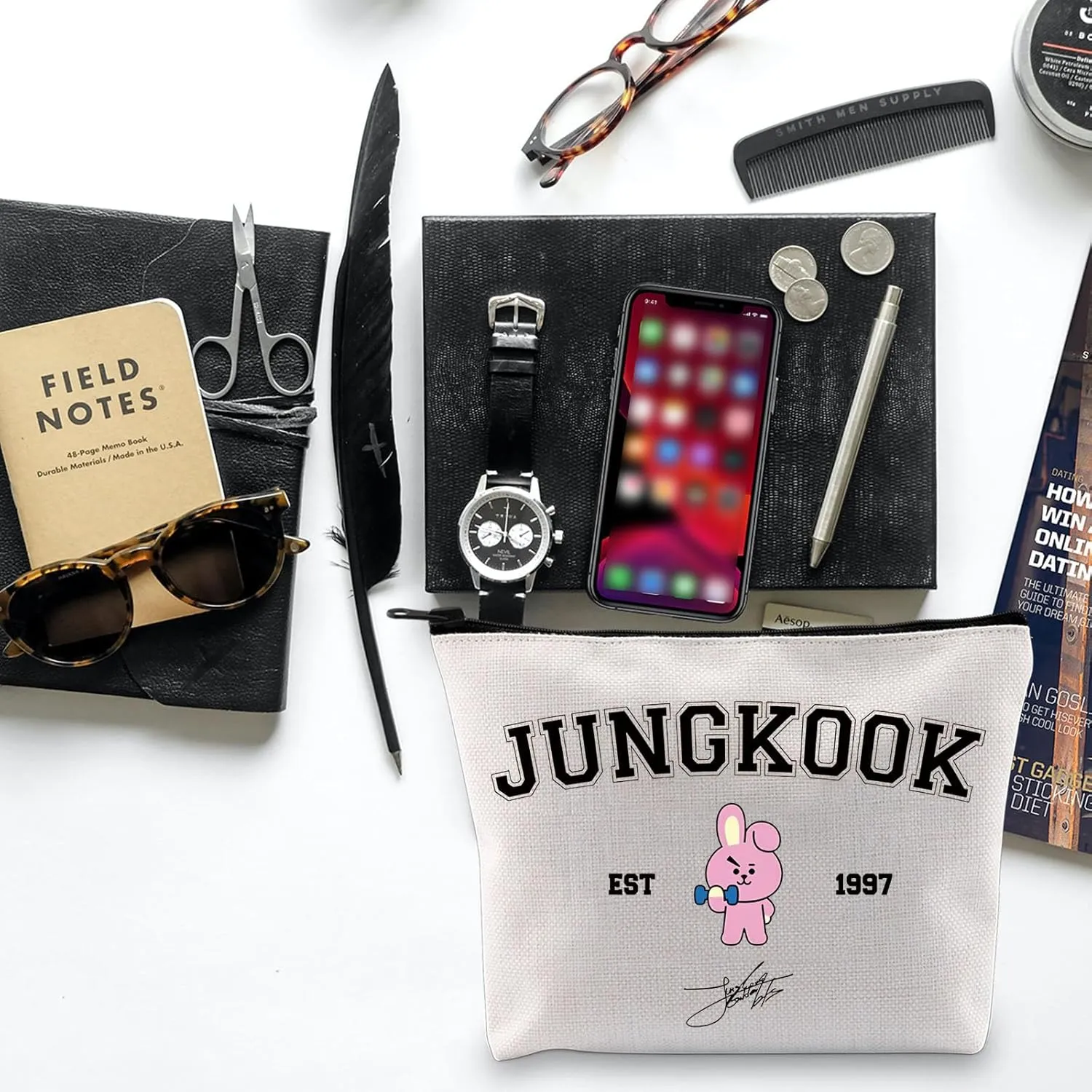 BLUPARK Singer Merch K-pop Characters Bag K-pop Team Gift for Fans Singer Fan Gift Army Inspired Zipper Pouch Bag (Jungkook Bag)