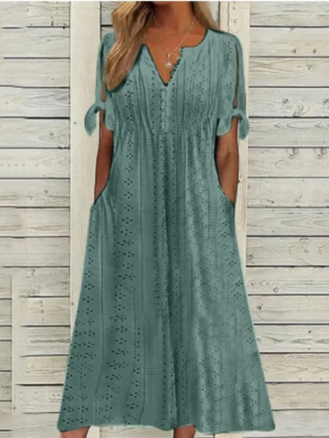 Boho Eyelet Casual Long Dress Vintage Solid Half Sleeve V Neck Loose Fit Flowy Swing Midi Dresses with Pockets