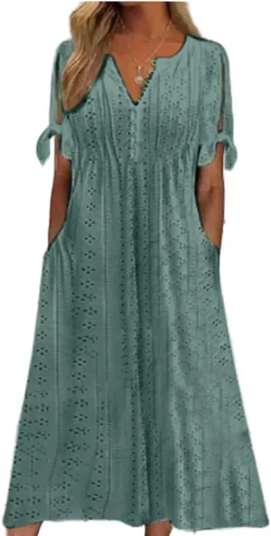Boho Eyelet Casual Long Dress Vintage Solid Half Sleeve V Neck Loose Fit Flowy Swing Midi Dresses with Pockets