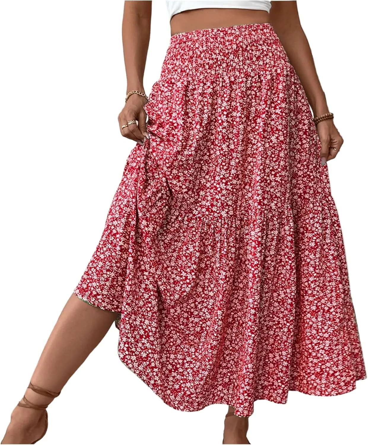 Boho Long Skirts for Women High Elastic Waist Midi Skirt Casual Summer Trendy Tie Ruffle Floral Print A line Skirts