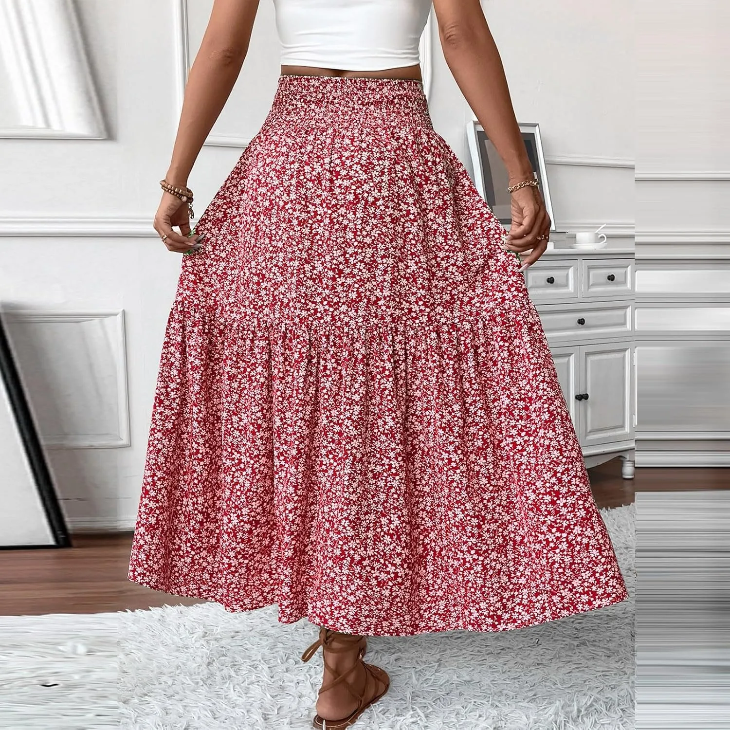 Boho Long Skirts for Women High Elastic Waist Midi Skirt Casual Summer Trendy Tie Ruffle Floral Print A line Skirts