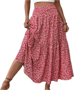 Boho Long Skirts for Women High Elastic Waist Midi Skirt Casual Summer Trendy Tie Ruffle Floral Print A line Skirts