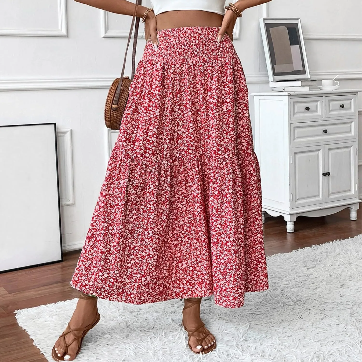 Boho Long Skirts for Women High Elastic Waist Midi Skirt Casual Summer Trendy Tie Ruffle Floral Print A line Skirts