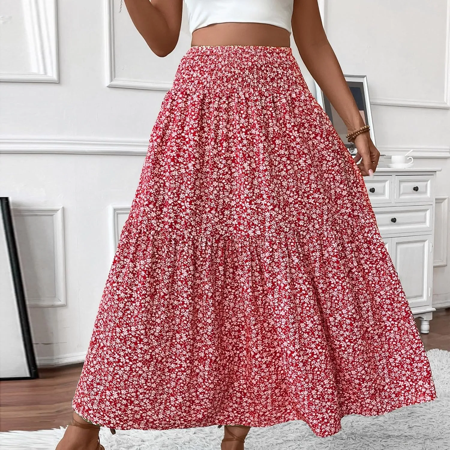 Boho Long Skirts for Women High Elastic Waist Midi Skirt Casual Summer Trendy Tie Ruffle Floral Print A line Skirts