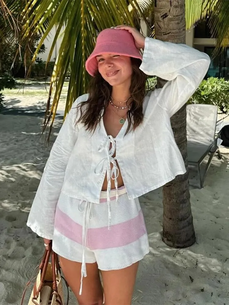 Bow Tie Front Tops for Women V Neck Linen Lace Up Shirts Casual Long Flare Sleeve Blouese Summer Going Out Tops