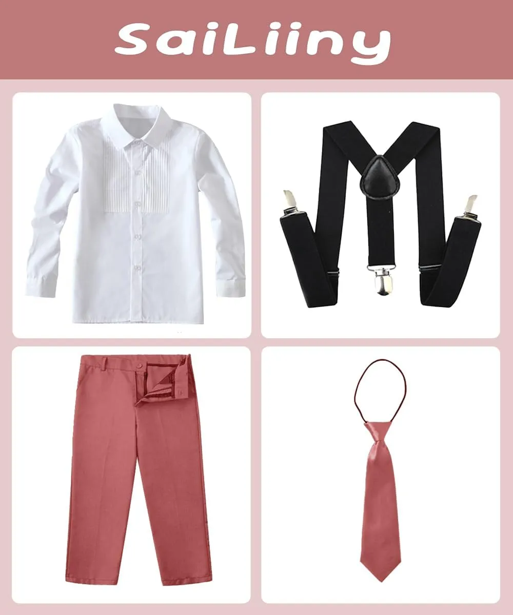 Boys 4 Pieces Suits with Suspender Kids Formal Wedding Pants Set for Teen Boys