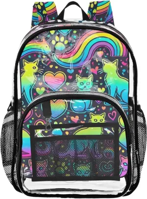 Boys Backpacks for Girls Neon Cat Rainbow Clear Backpack for Women Pvc School Plastic Bookbag