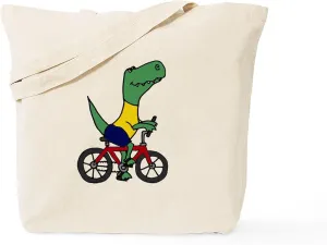 CafePress T Rex Dinosaur Riding Bicycle Cartoon Tote Bag Natural Canvas Tote Bag, Reusable Shopping Bag