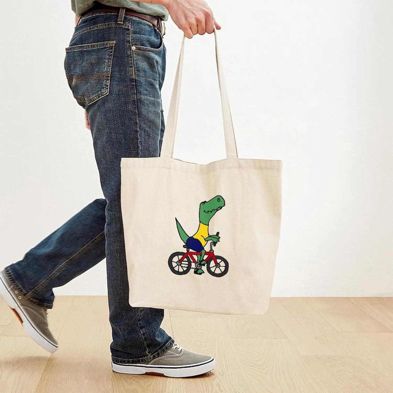 CafePress T Rex Dinosaur Riding Bicycle Cartoon Tote Bag Natural Canvas Tote Bag, Reusable Shopping Bag