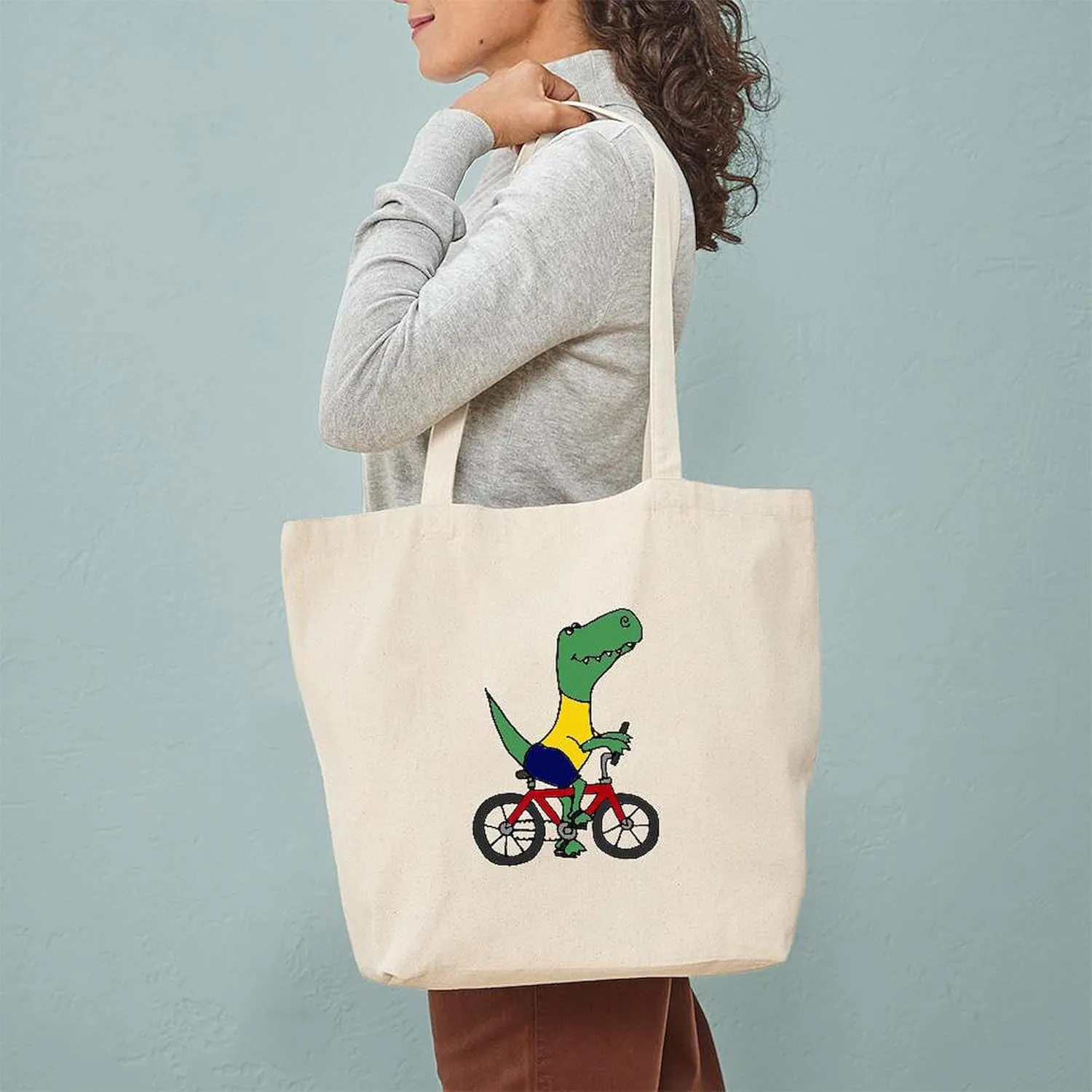 CafePress T Rex Dinosaur Riding Bicycle Cartoon Tote Bag Natural Canvas Tote Bag, Reusable Shopping Bag