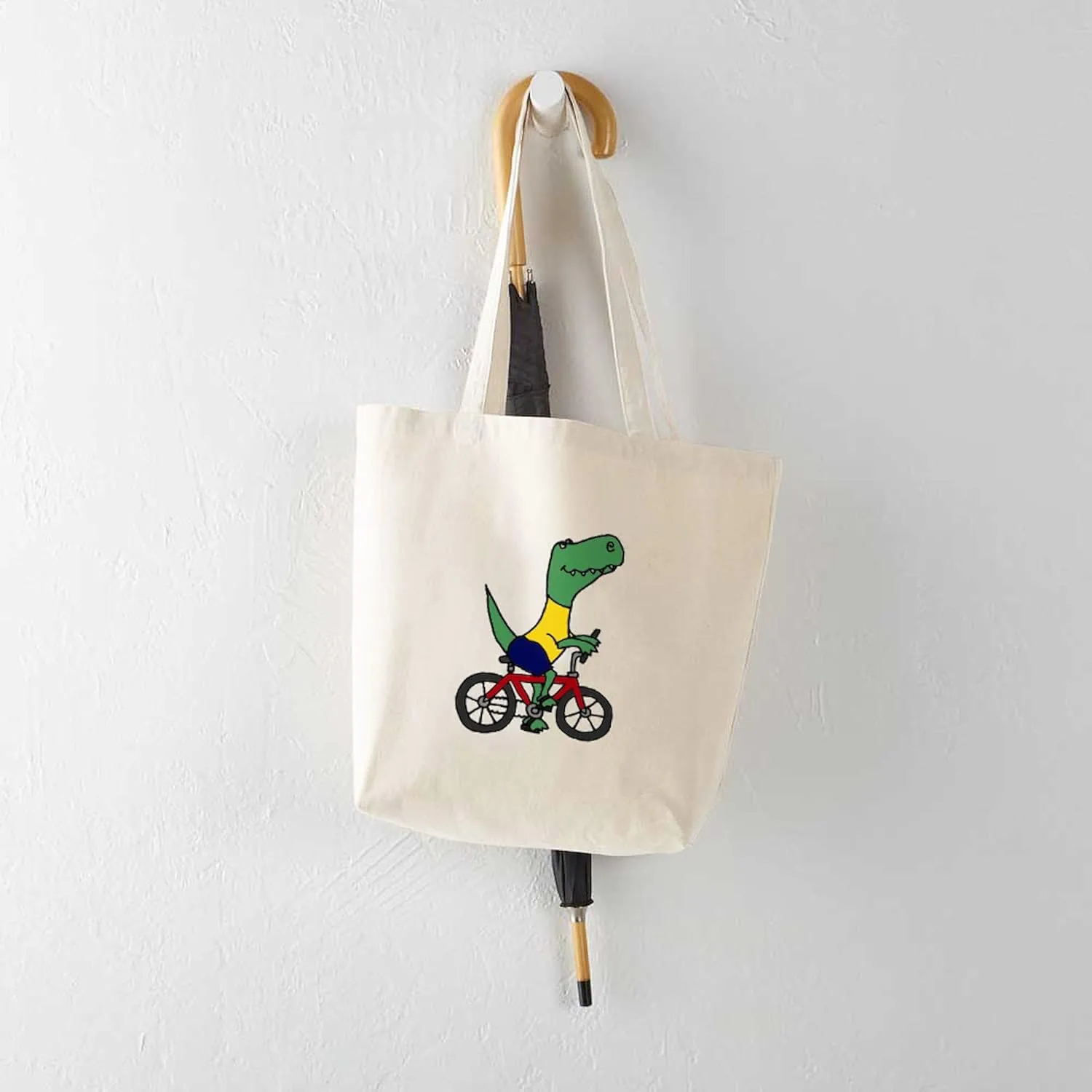 CafePress T Rex Dinosaur Riding Bicycle Cartoon Tote Bag Natural Canvas Tote Bag, Reusable Shopping Bag