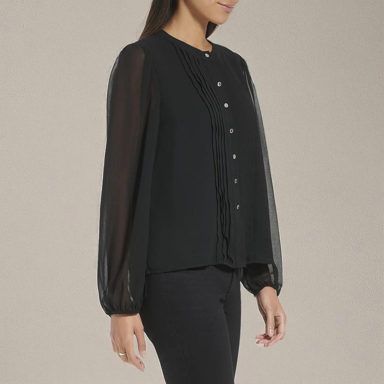 Calvin Klein Women's Plus Size Dressy Front Buttons Long Sleeve Printed Blouse