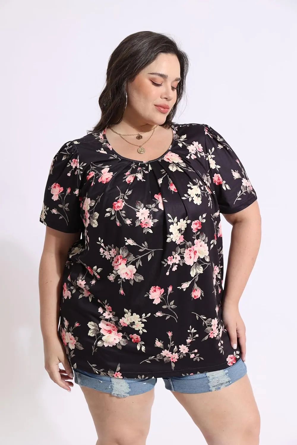 CARCOS Womens Plus Size Tops Summer Pleated Flowy Shirts Short Sleeve Crewneck Tunic Tops Casual Solid/Floral/Tie Dye XL-5XL