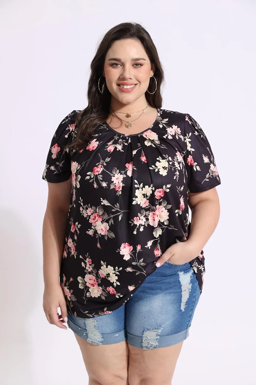 CARCOS Womens Plus Size Tops Summer Pleated Flowy Shirts Short Sleeve Crewneck Tunic Tops Casual Solid/Floral/Tie Dye XL-5XL