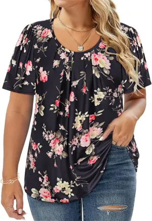 CARCOS Womens Plus Size Tops Summer Pleated Flowy Shirts Short Sleeve Crewneck Tunic Tops Casual Solid/Floral/Tie Dye XL-5XL