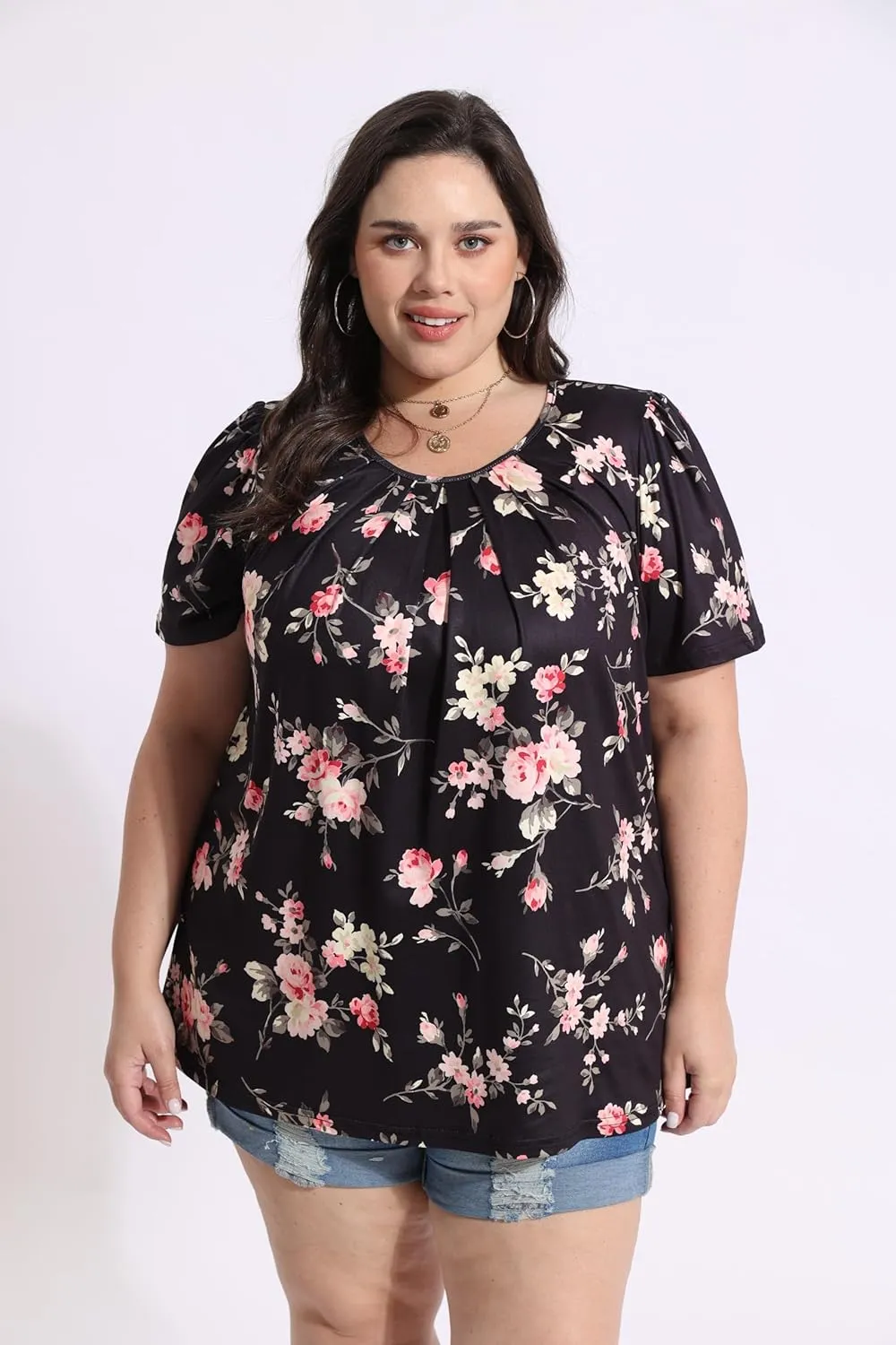 CARCOS Womens Plus Size Tops Summer Pleated Flowy Shirts Short Sleeve Crewneck Tunic Tops Casual Solid/Floral/Tie Dye XL-5XL