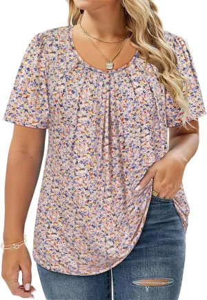 CARCOS Womens Plus Size Tops Summer Pleated Flowy Shirts Short Sleeve Crewneck Tunic Tops Casual Solid/Floral/Tie Dye XL-5XL