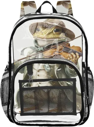 Cartoon Frog Violin Musician Clear Backpack for Women Kids Backpack for Girls Plastic See through Bookbag