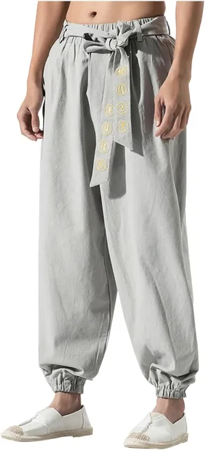 Casual Cotton Linen Harem Pants for Mens Loose Fit Elastic Drawstring Waist Trousers Sports Jogger Yoga Long Pant