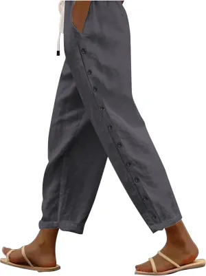 Casual Pants for Women Elastic Waist Summer Trendy Linen Capri Pants Straight Leg Baggy Beach Cotton Cropped Trousers