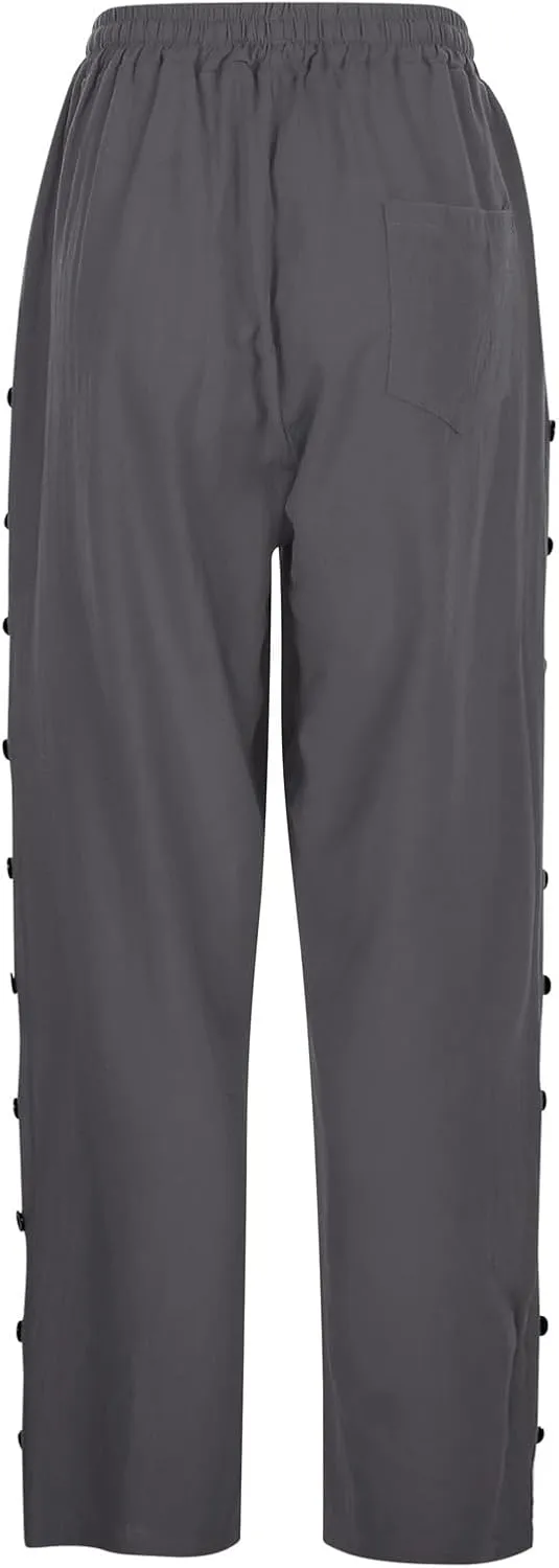 Casual Pants for Women Elastic Waist Summer Trendy Linen Capri Pants Straight Leg Baggy Beach Cotton Cropped Trousers