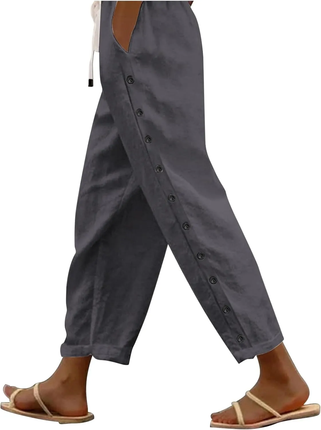 Casual Pants for Women Elastic Waist Summer Trendy Linen Capri Pants Straight Leg Baggy Beach Cotton Cropped Trousers