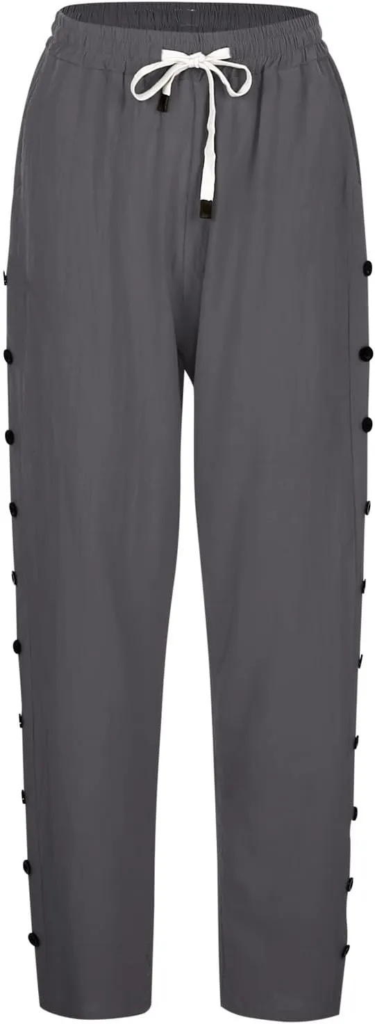 Casual Pants for Women Elastic Waist Summer Trendy Linen Capri Pants Straight Leg Baggy Beach Cotton Cropped Trousers