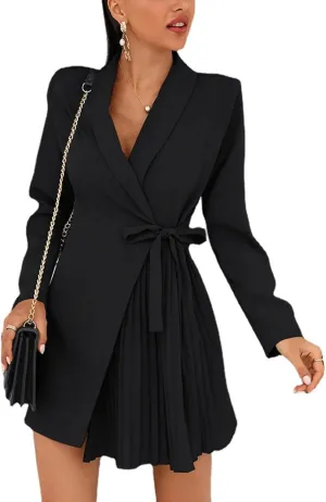 cffvdiz Womens Sexy Long Sleeve Solid Color Lace-Up Pleated Blazer Dress