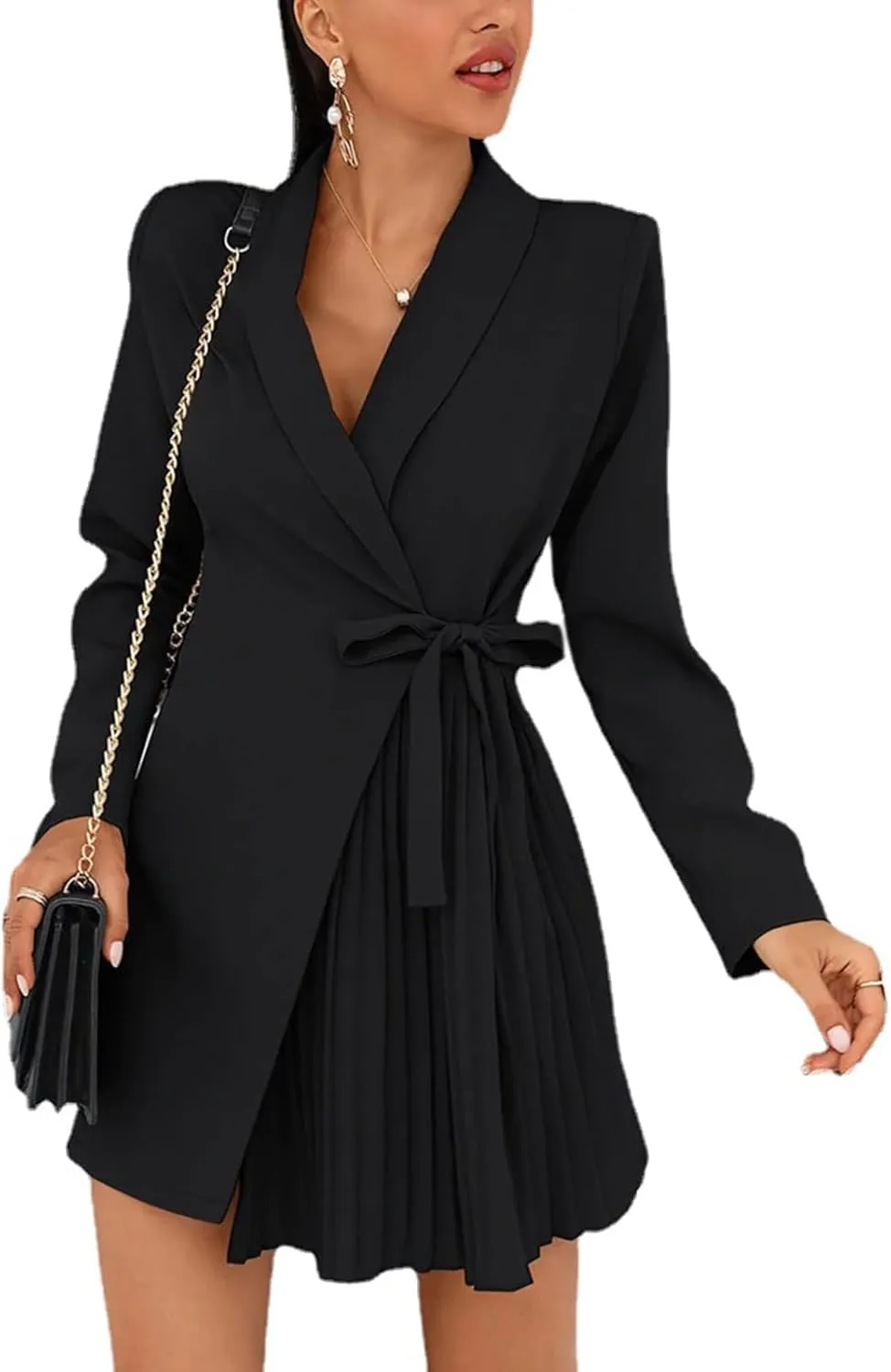 cffvdiz Womens Sexy Long Sleeve Solid Color Lace-Up Pleated Blazer Dress