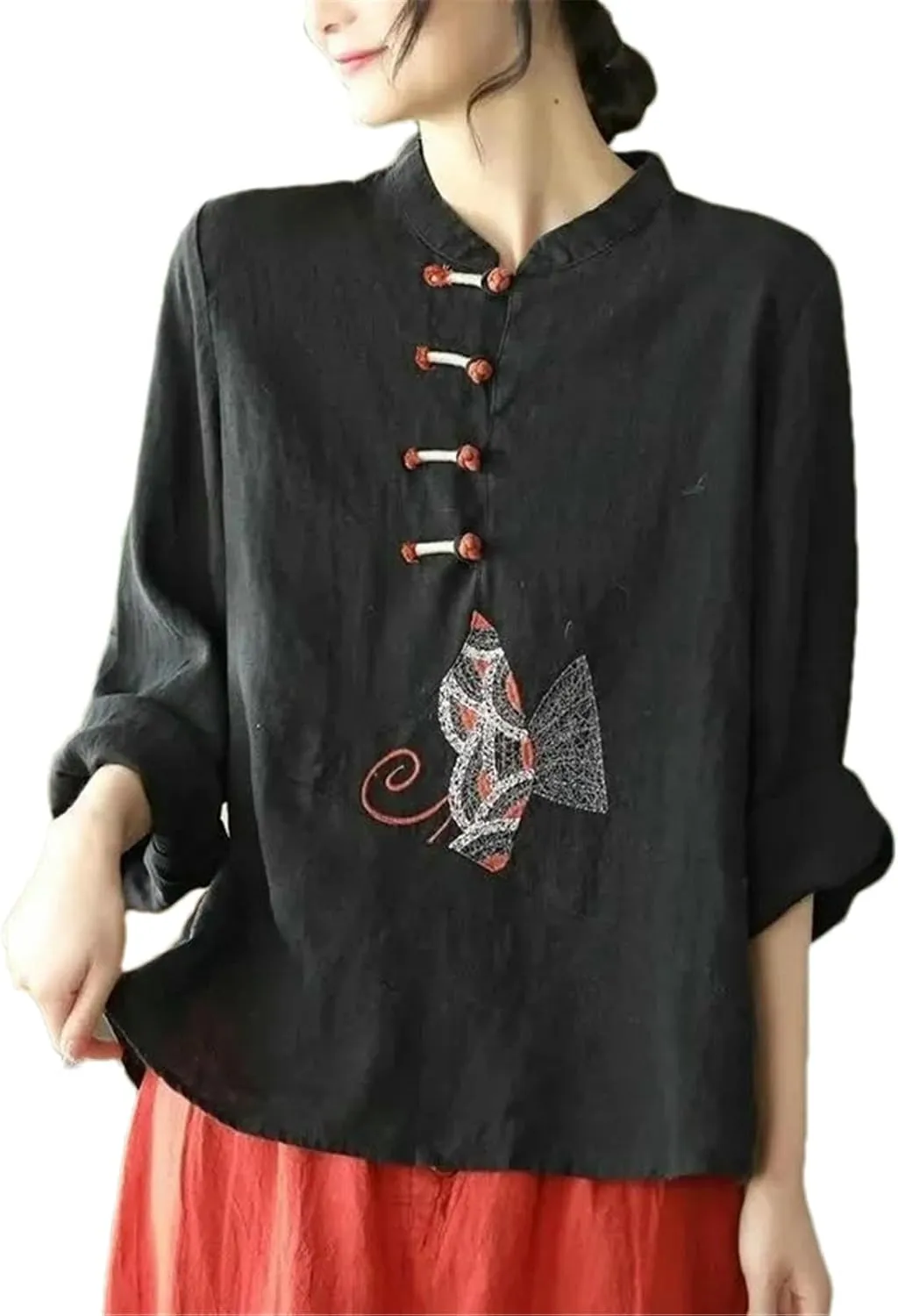 Chinese Cotton Linen Shirt for Women Spring Autumn Long-Sleeve Button-Down Embroidered Loose top Tea Dress for Women