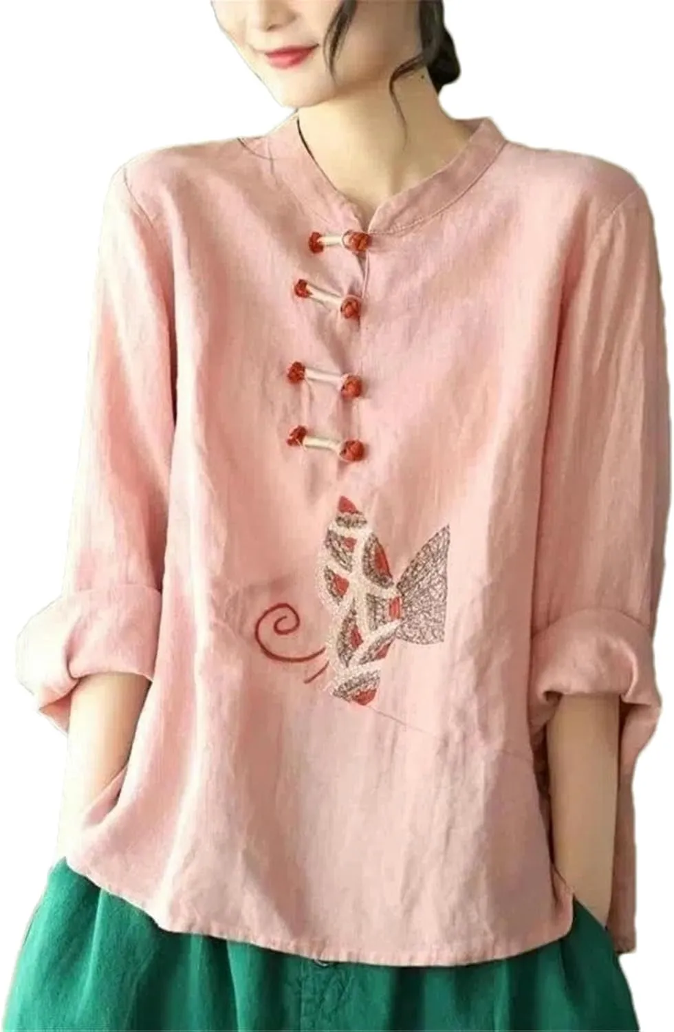 Chinese Cotton Linen Shirt for Women Spring Autumn Long-Sleeve Button-Down Embroidered Loose top Tea Dress for Women