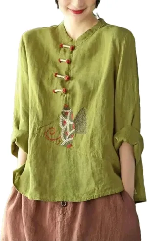Chinese Cotton Linen Shirt for Women Spring Autumn Long-Sleeve Button-Down Embroidered Loose top Tea Dress for Women